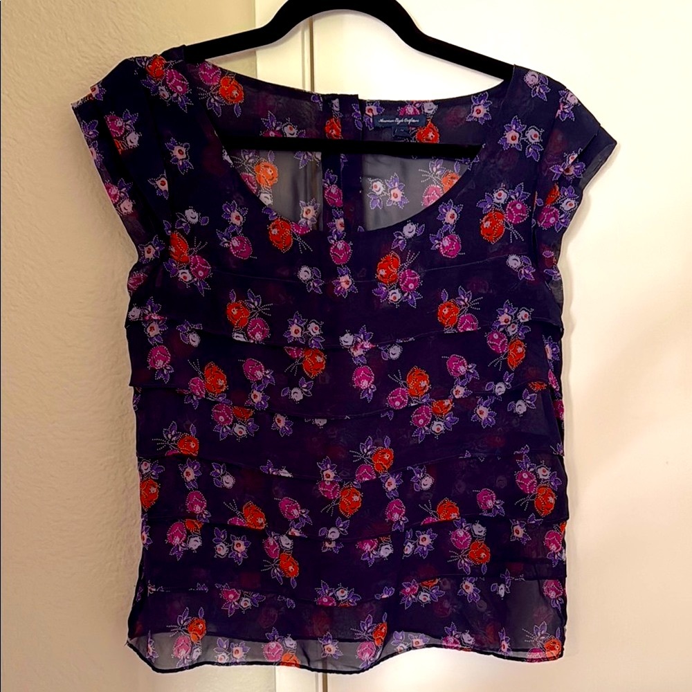 Floral Sheer Women's Top - Navy with Orange and Purple Flowers